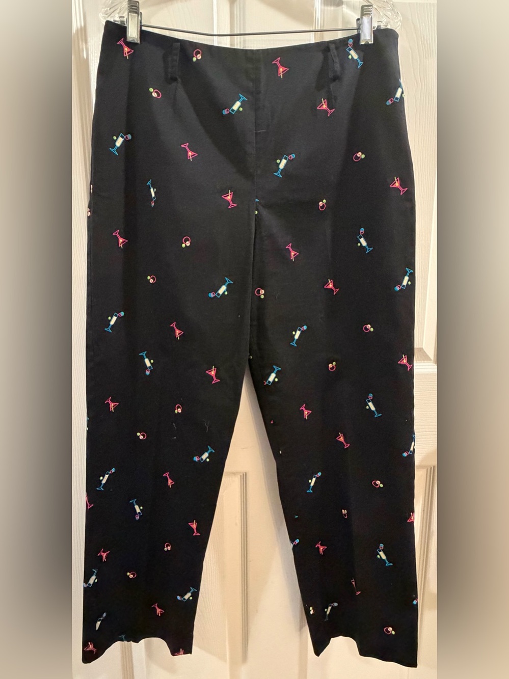 Vintage Black Cropped Pants with Neon Pink & Blue Cocktail Icons